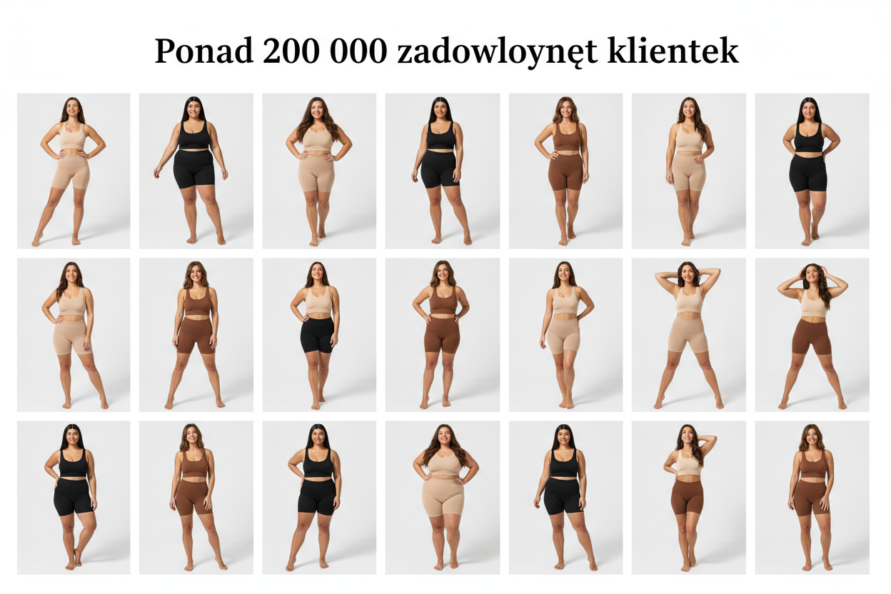 Realistic high-quality promotional collage for shapewear brand Bodyeltics, showing diverse happy women of all body types (slim, curvy, plus-size) wearing premium shapewear bodysuits and shorts in beige, black, and brown. Each woman is shown in a natural confident pose, realistic lighting, no background — only clean isolated photos of women arranged in a neat collage layout with soft shadows. Above the collage, elegant modern text in Polish reads: „Ponad 200 000 zadowolonych klientek” in bold black letters, 