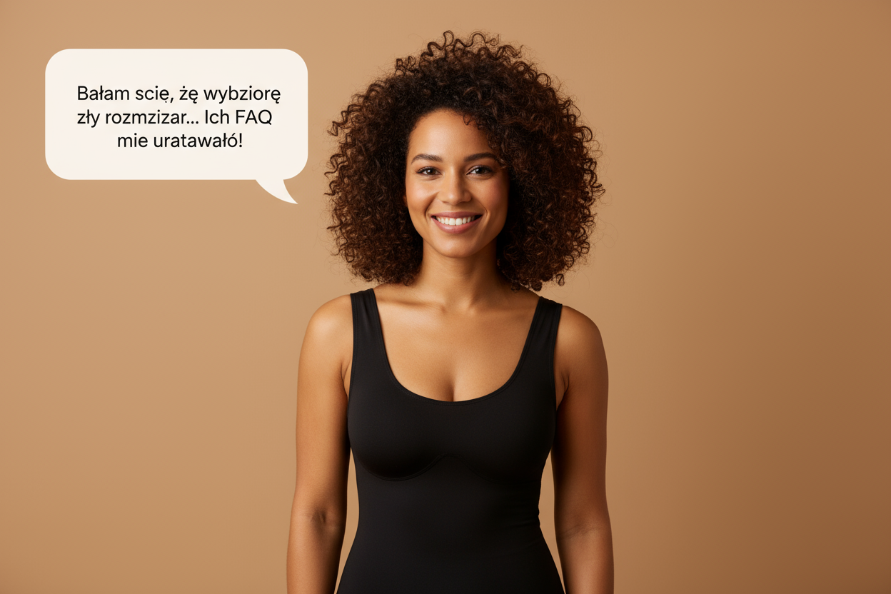 Ultra realistic high-quality photo of a smiling woman with curly hair wearing a fitted black shapewear tank top. She stands against a warm beige background, looking confident and natural. Add a white chat bubble above her head with the Polish text inside:
"Bałam się, że wybiorę zły rozmiar... Ich FAQ mnie uratowało!"
The design should look modern, soft, and authentic — like a real customer photo for an e-commerce website.
Format: portrait, neutral lighting, no background shadows, warm tones.