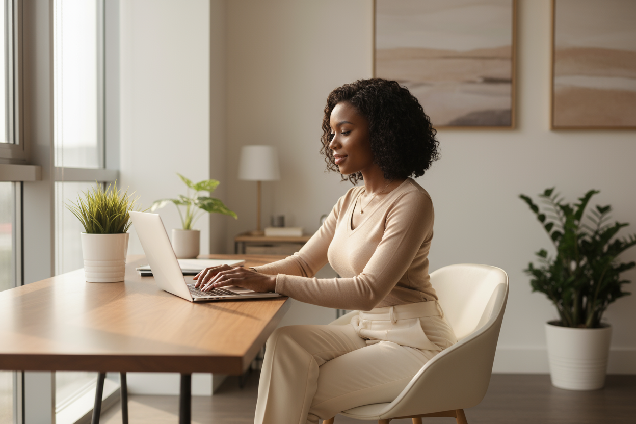 Ultra realistic square photo of a confident businesswoman of color sitting at her desk, working on a laptop in a modern bright office.
She wears a stylish professional outfit — for example, a beige or white fitted blouse with elegant trousers or a pencil skirt.
Her posture is natural and focused, with a calm, confident expression.
The lighting is soft daylight coming from a large window, creating a warm, realistic glow on her face and workspace.
The office environment is minimal and elegant — neutral decor,