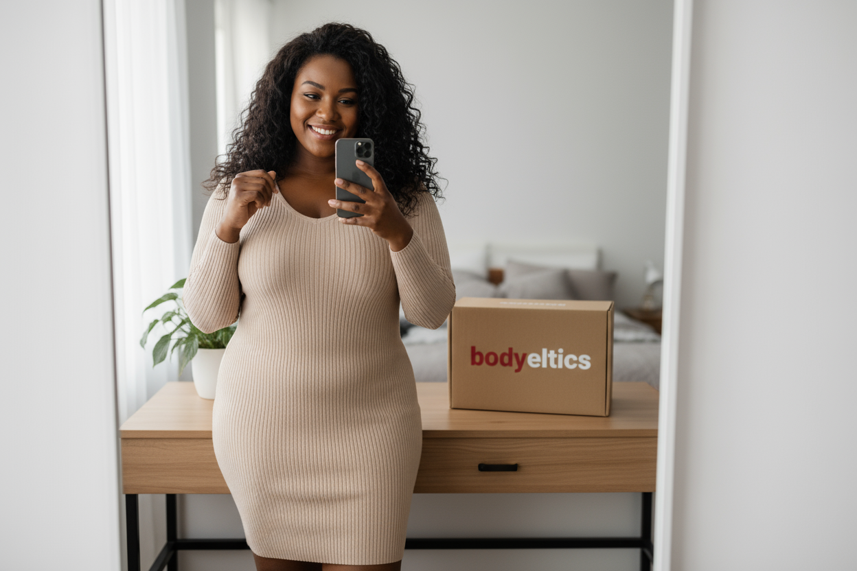 Ultra realistic square photo of a confident curvy woman of color taking a natural selfie in a mirror.
She wears a fitted neutral or beige dress that enhances her figure gracefully.
Her expression is warm, genuine, and confident — like a real customer sharing her experience.
In the background, on a table, there is a beige rectangular product box featuring the exact Bodyeltics logo (the word “body” in #D34D4E and “eltics” in white), printed clearly and centered on the box.
The scene is softly lit with natural