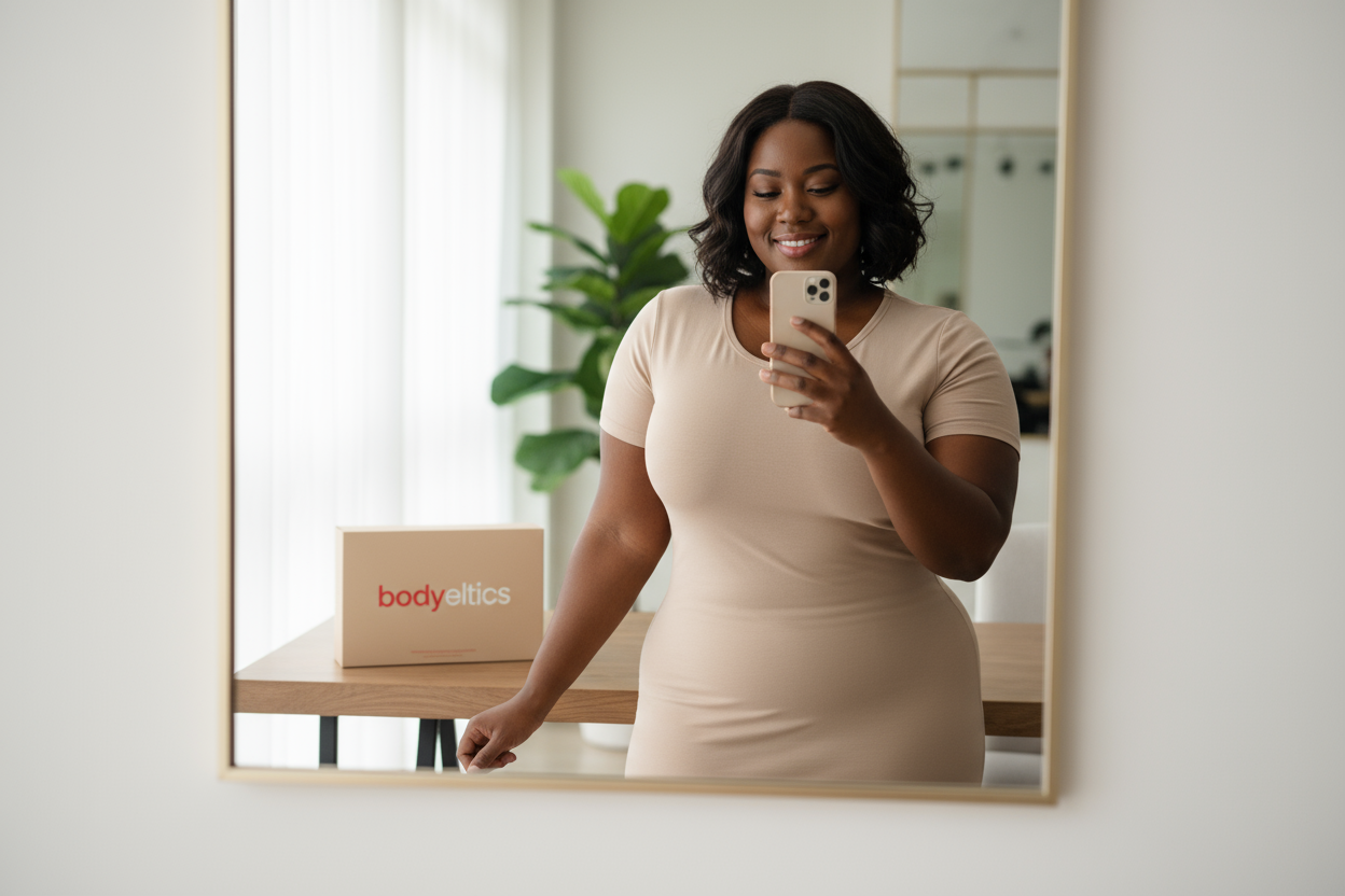 Ultra realistic square photo of a confident curvy woman of color taking a natural selfie in a mirror.
She wears a fitted neutral or beige dress that enhances her figure gracefully.
Her expression is warm, genuine, and confident — like a real customer sharing her experience.
In the background, on a table, there is a beige rectangular product box featuring the exact Bodyeltics logo (the word “body” in #D34D4E and “eltics” in white), printed clearly and centered on the box.
The scene is softly lit with natural
