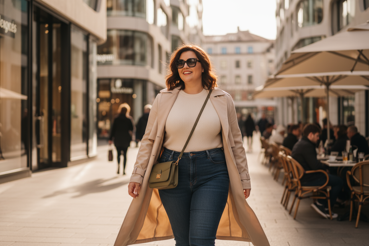 Ultra realistic square photo of a confident curvy woman walking through a modern city center on a sunny day.
She wears a fitted yet elegant outfit — for example, a beige or black dress, or high-waist jeans with a neutral top — that highlights her natural curves gracefully.
Her expression is relaxed and happy, enjoying her walk with confidence and ease.
The background shows a clean, modern urban environment — boutique shops, soft architecture, or a café terrace — with warm daylight and realistic shadows.
The