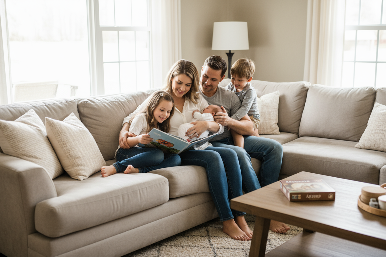 Ultra realistic square photo of a confident woman sitting on a cozy beige sofa in a softly lit living room.
She is holding her baby in her arms, smiling gently.
Next to her sits her husband, relaxed and affectionate, and her two children — a 7-year-old daughter and a 4-year-old son — are close by, playing or cuddling naturally.
The atmosphere feels warm, happy, and authentic — a moment of real family connection.
The lighting is soft and natural, with neutral home decor in cream, beige, and nude tones.
Every