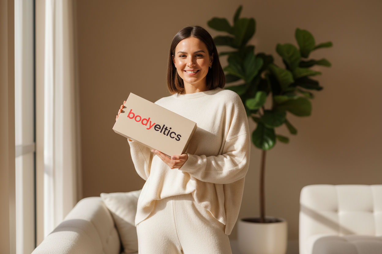 Ultra realistic square photo of a confident woman smiling softly, standing in a cozy, modern home interior (warm beige tones, natural daylight).
She is holding a beige Bodyeltics box with the official logo (“body” in #D34D4E and “eltics” in black or white).
She wears an elegant, minimalist outfit — like a fitted neutral dress or beige loungewear.
The atmosphere is warm, real, and feminine.
No text, no filters, no background clutter.
Square 1:1 format, high resolution, premium lighting.