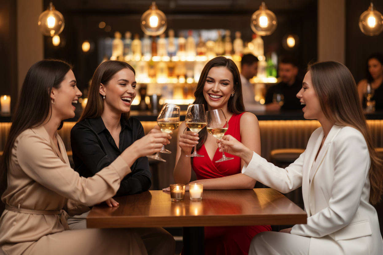 Ultra realistic square photo of a confident woman wearing a fitted elegant red dress, sitting at a table in a cozy modern bar or restaurant with three friends.
The group of women are laughing, talking, and raising their glasses in a friendly toast, enjoying an evening together.
Their outfits are elegant but natural — in neutral tones like beige, white, and black — matching a refined feminine aesthetic.
The lighting is warm and atmospheric, coming from soft ambient lights or candles, creating a chic yet rela